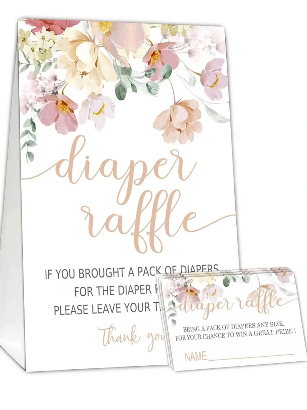 Floral Diaper Raffle Cards And Standing Sign For Baby Shower Or Diaper Party